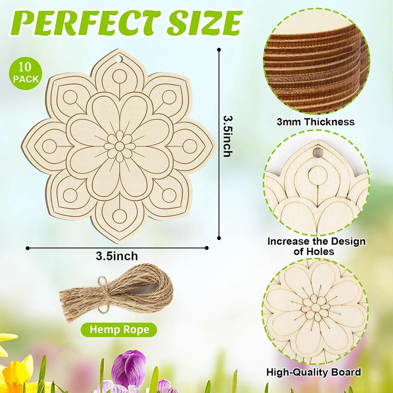 10pcs Unfinished Wooden Flower Ornaments for DIY Crafts, Christmas Hanging Decor