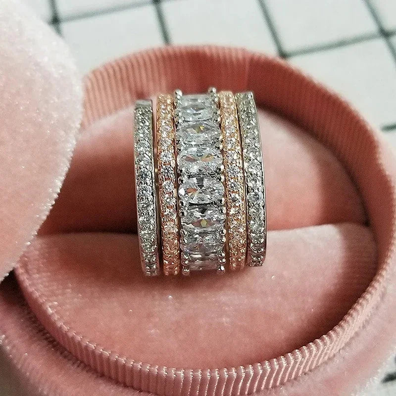 Luxury Two-Tone Wide Ring for Women Cubic Zirconia Party Jewelry