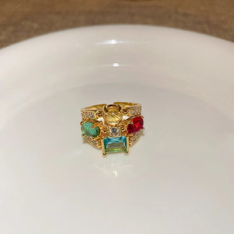 Colorful Zircon Ellipse Multi-Layer Open Mouth Rings for Women - Trendy Creative Jewelry