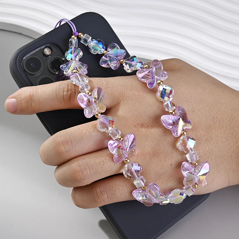 Women Girl Acrylic Phone Charm with Butterfly Design - Transparent Drop Lanyard Jewelry