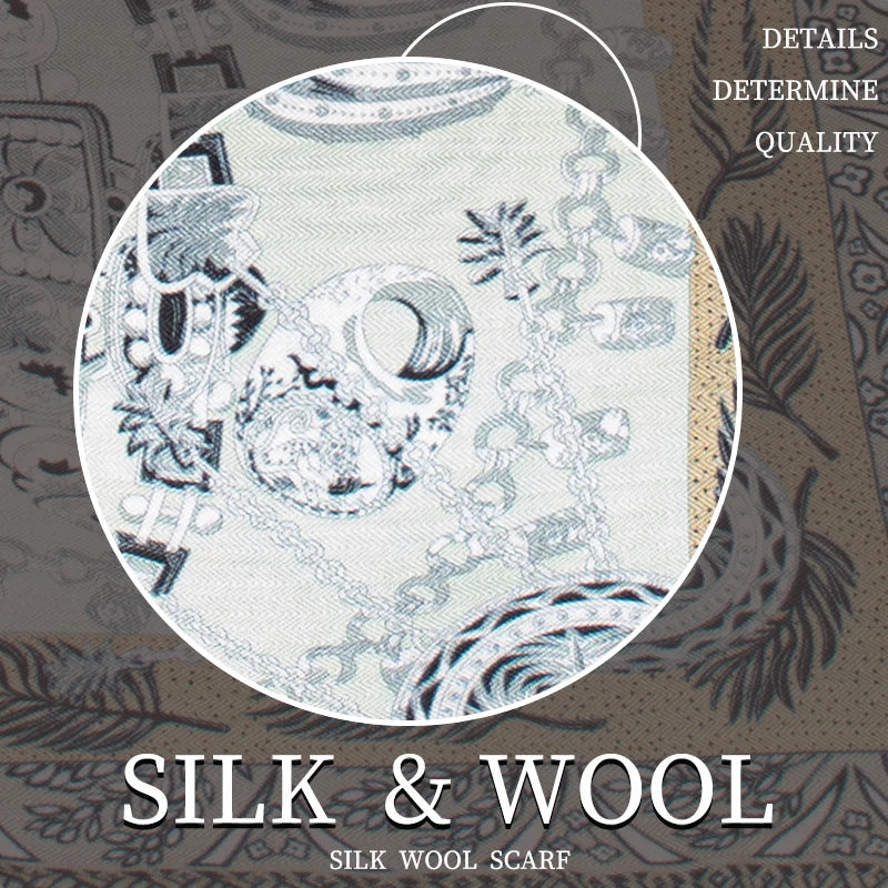 Luxury Silk Wool Botanical Print Square Scarf - Warm Retro Jewelry Design