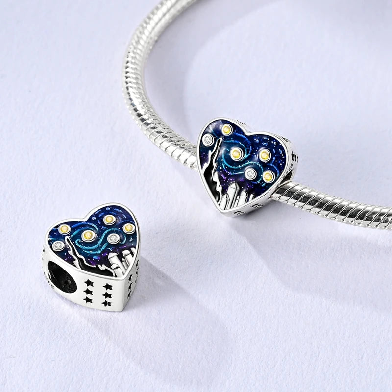 Sterling Silver Starry Sky Charm Bead with CZ Zircon for DIY Bracelets - Black & Green Options