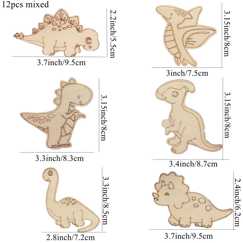12pcs Wooden Dinosaur Craft Set for Birthday Party Decorations and DIY Gifts