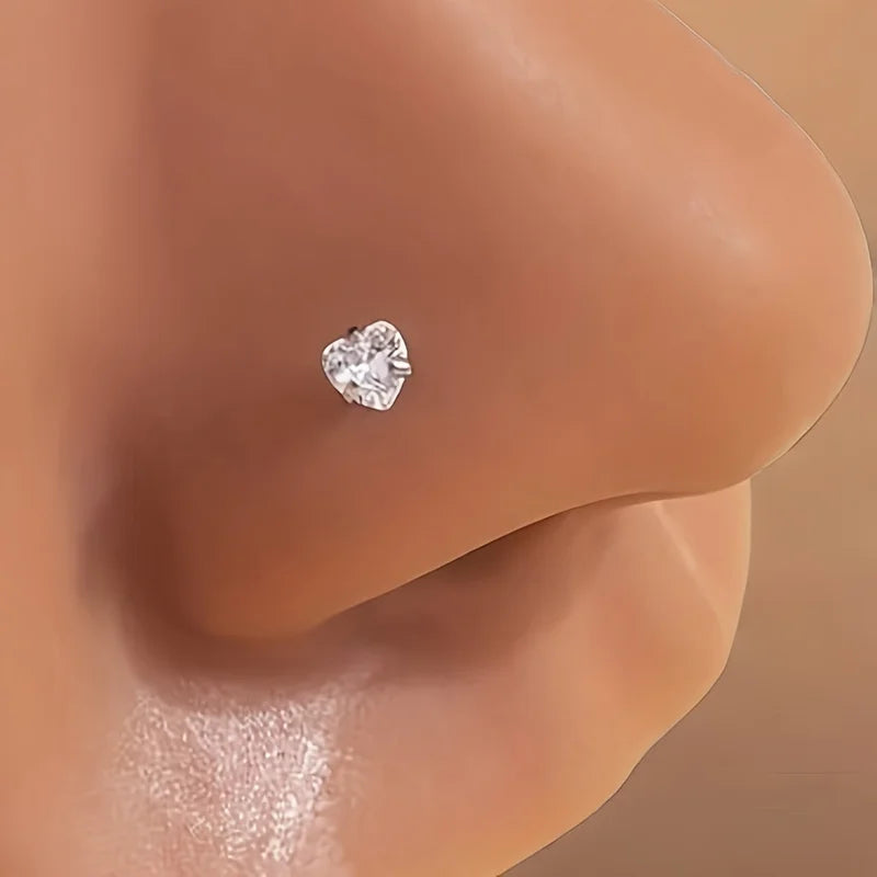 Titanium Steel Heart Nose Stud with Zirconia - Body Jewelry