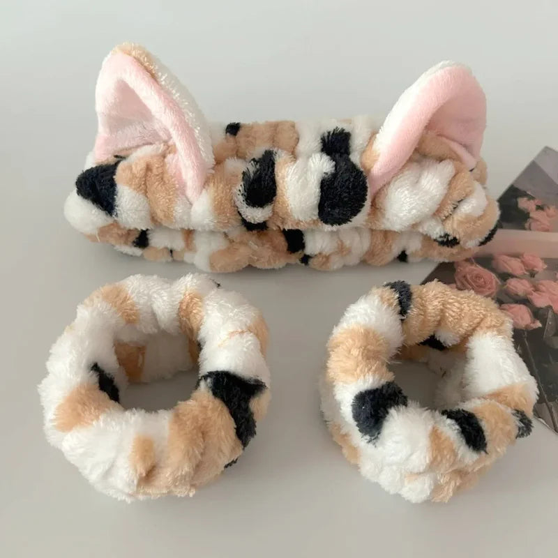 3PCS Cat Ear Leopard Print Plush Headbands for Women Girls Spa Face Makeup