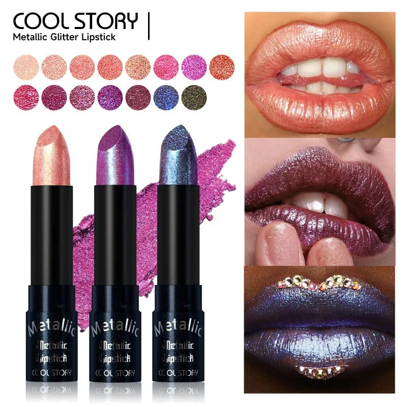 Metallic Lipstick Set - 15 High-Shine Glitter Lip Colors for Party & Costume Makeup