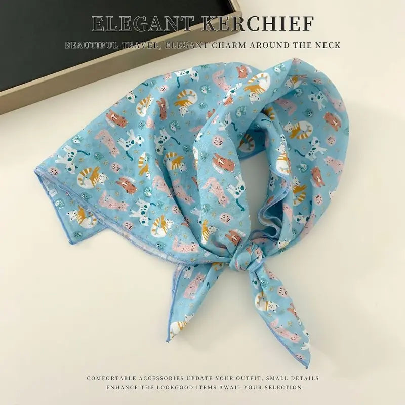 Small Square Scarf with Cherry Flower Print - Elegant Silk Cotton Linen Accessories