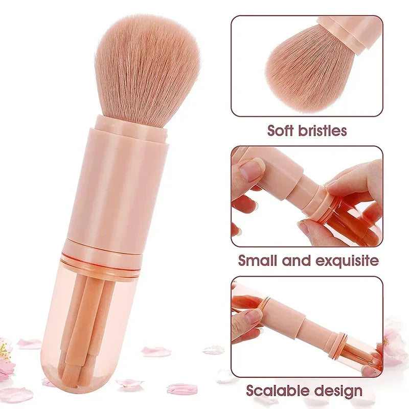 4-in-1 Retractable Makeup Brush Set with Soft Bristles for Face & Eyes - Portable Travel Cosmetic Tools