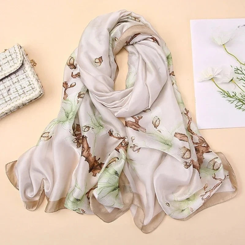 Silky Women's Scarf with Orchid Blossom Print - Lightweight Dressy Wrap for Evening Gowns