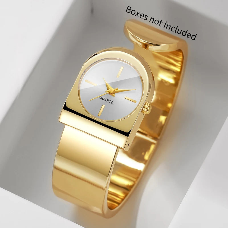 Women's Luxury Gold Cuff Watch with Unique Dial Quartz Movement - Multiple Colors
