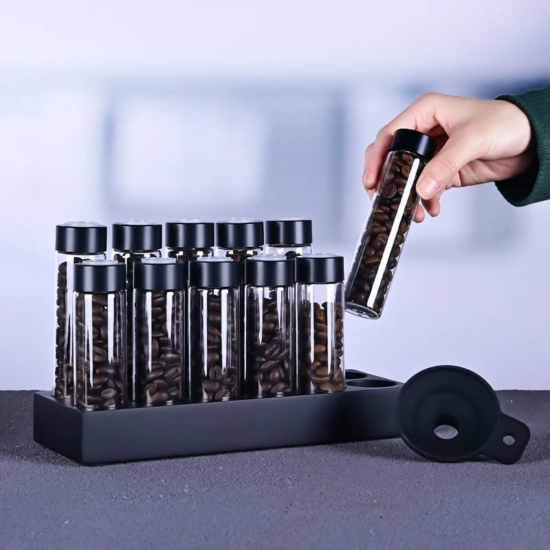 Coffee Bean Storage Containers Glass Tube Set with Wooden Stand - Sealing, Airtight, 12 Pcs