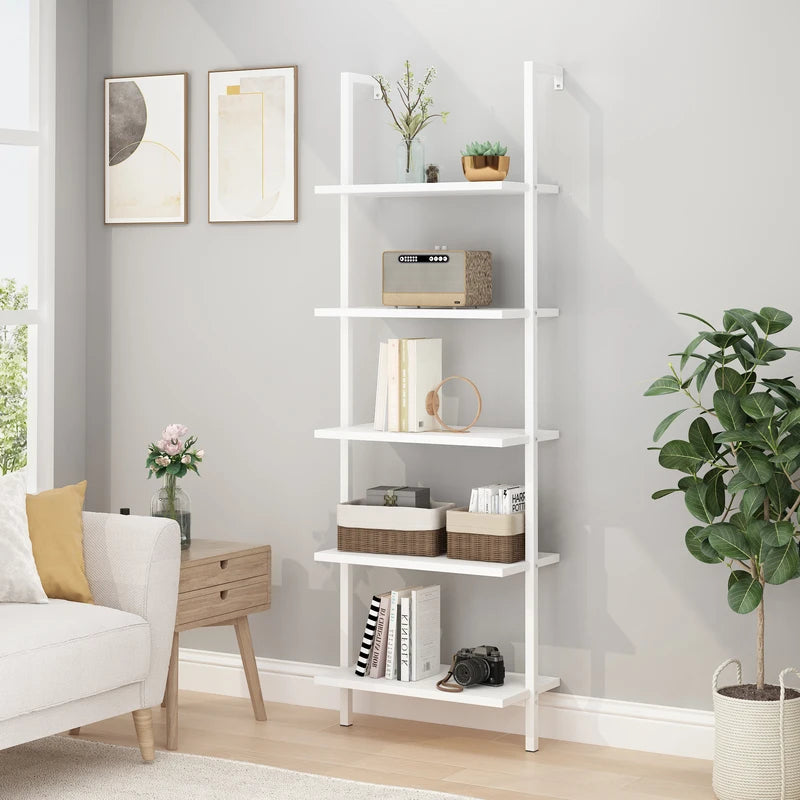 5-Tier Ladder Wall Shelf Storage Rack White Living Room & Study Organizer