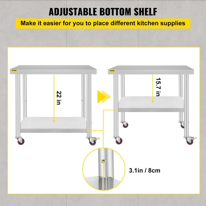 Stainless Steel Kitchen Prep Table with Casters and Backsplash - Load Capacity 100-300kg