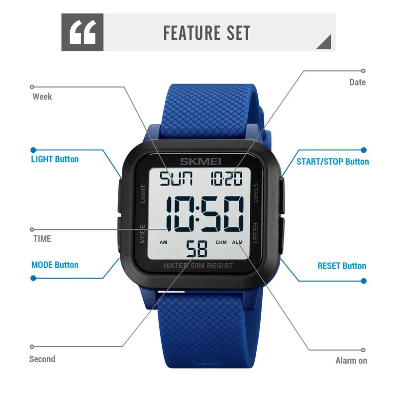 Men's Digital Waterproof Military Sport Watch with LED Display - Shock Resistant, 5 Bar Water Resistance