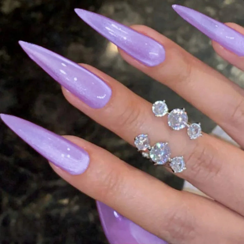 24Pcs Solid Color False Nail Set with Cats Eye Design, Long Stiletto Press-On Tips