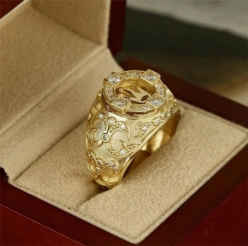 Men's Gold Color Cocktail Ring with White Zircon Inlay, Fashion Jewelry