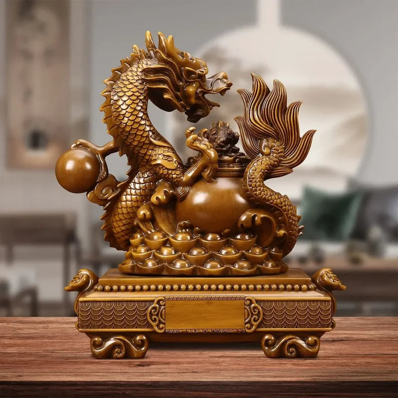 Dragon Treasure Bowl Resin Decor for Living Room & Office - Wealth Attraction Ornament