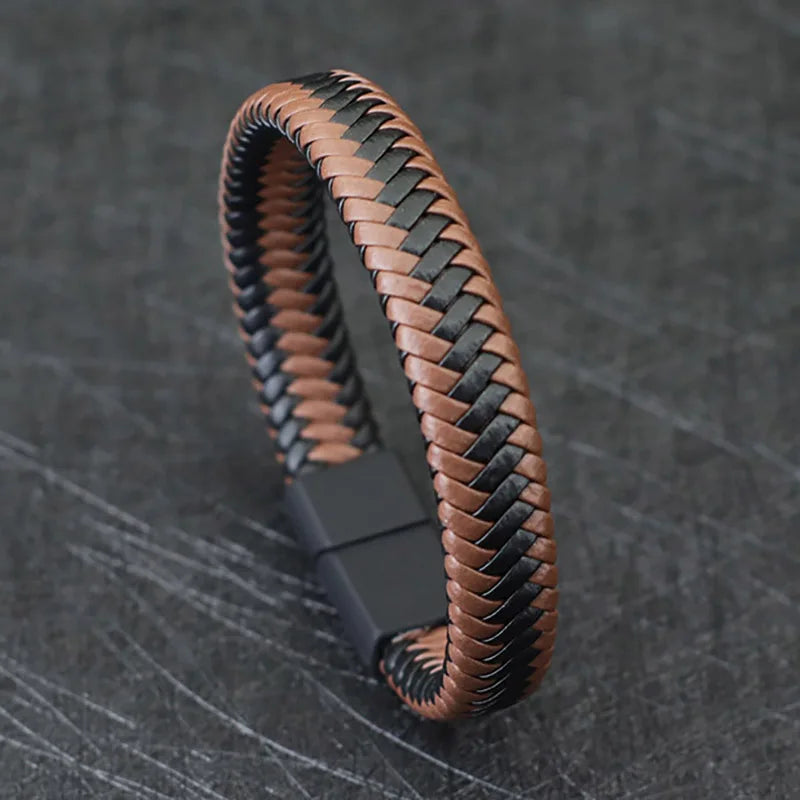 Men's Leather Bracelet Bangle with Magnetic Clasp - Black Braided Punk Style, Gift for Him