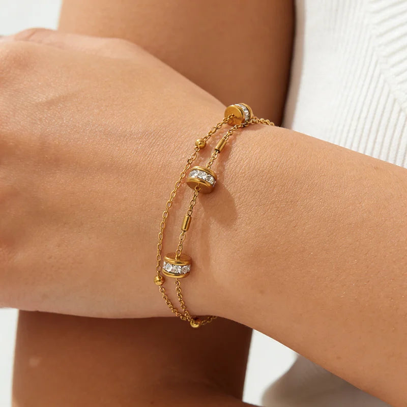 Women's Beaded Zircon Bracelet with 18K Gold PVD Plating - Elegant Jewelry