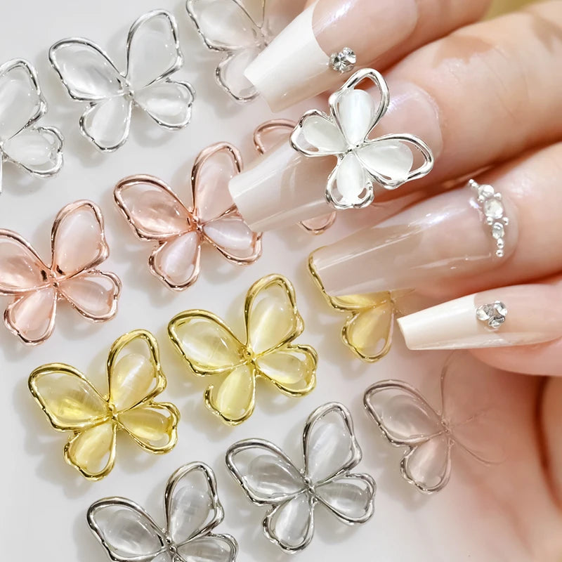 Crystal Butterfly Nail Charms 3D Hollow Cat's Eye Alloy Nail Gems Set