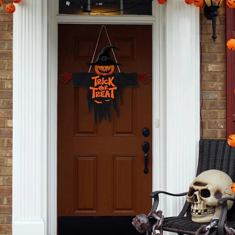 Halloween Pumpkin & Monster Face Wooden Sign Rope Hanger Porch Wall Decor