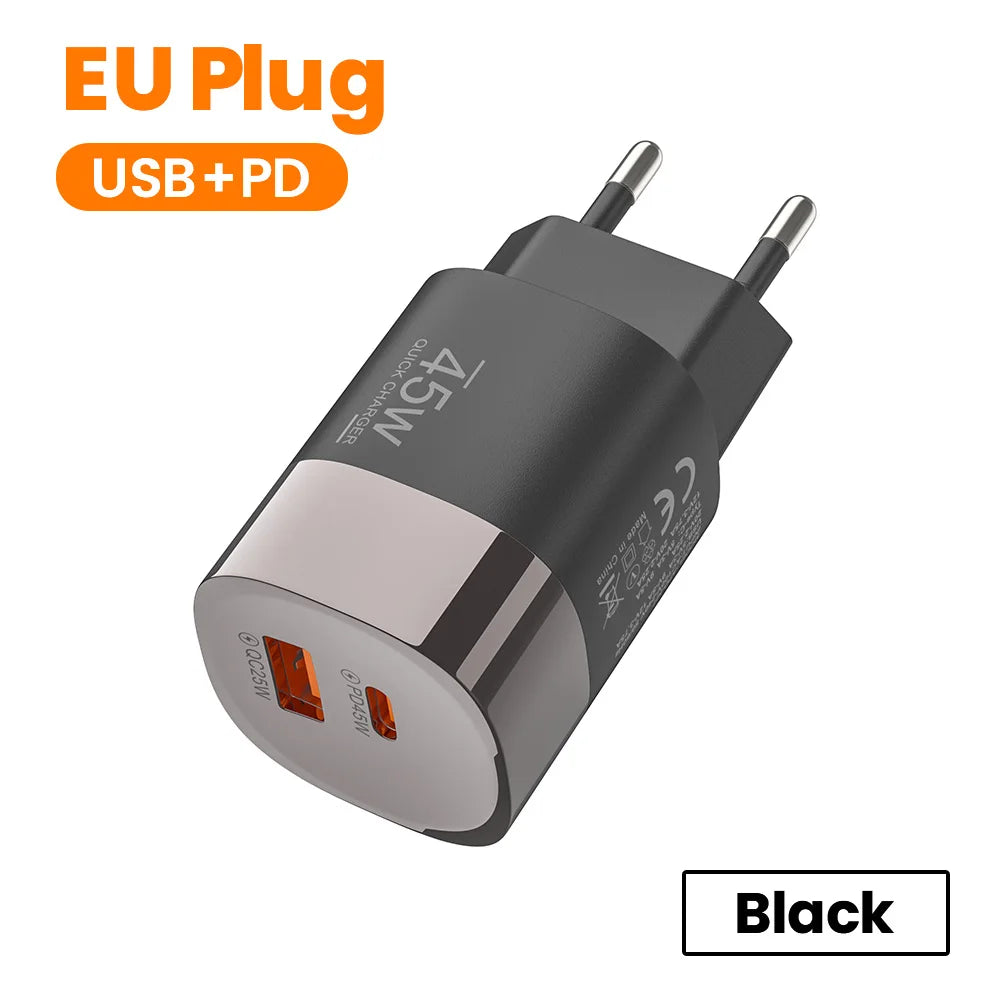 45W USB Type C Charger 2 Port PD Fast Charging Wall Adapter for Mobile Phones