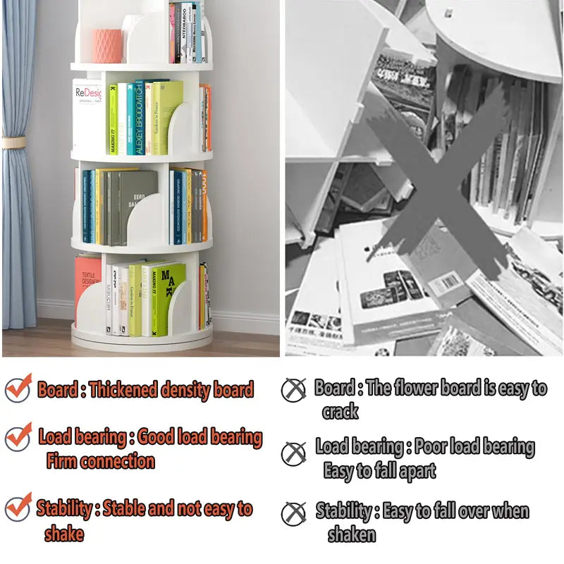Rotating Bookshelf Tower with 360° Spin - 4 Tier Wooden Book Shelf for Kids & Living Room