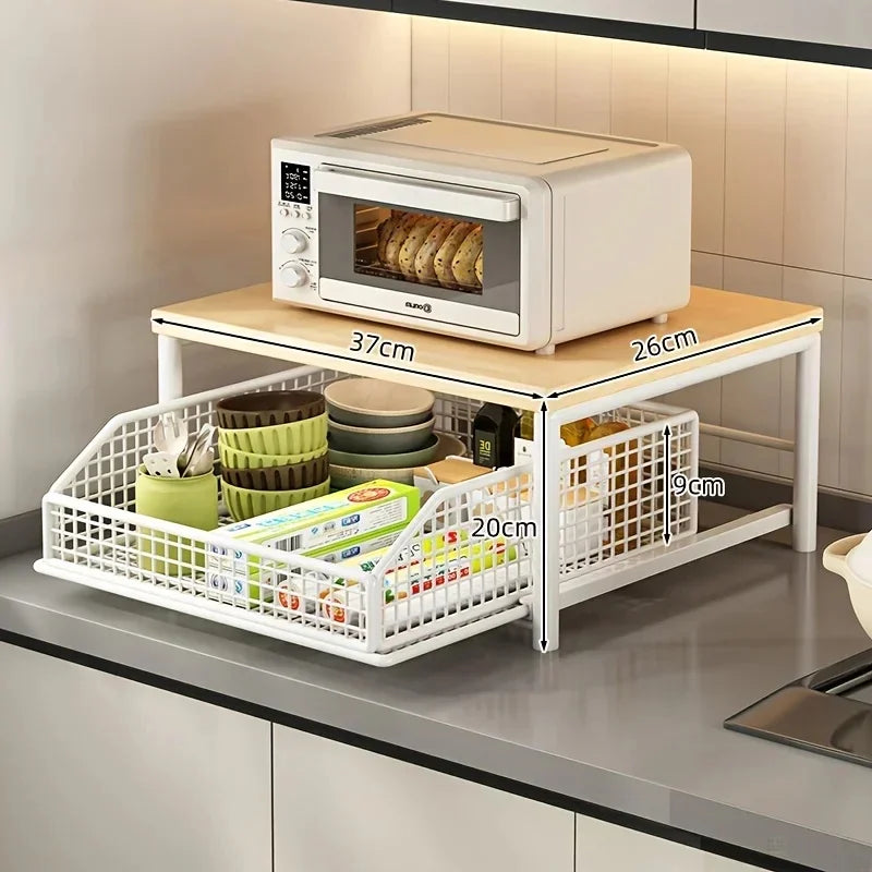 Modern Kitchen Microwave Rack Storage Organizer Solid Wood Metal Countertop Shelf