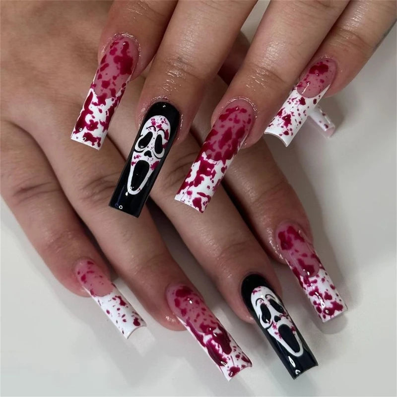 Blood Color Halloween Fake Nails Set - Long Coffin Style with Ghost Face Print