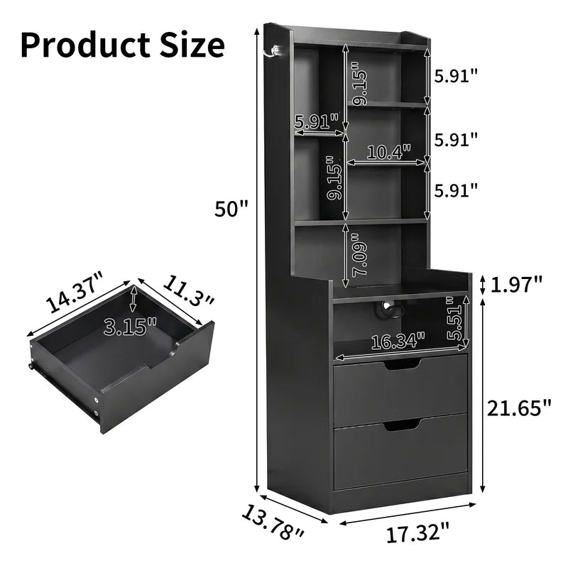 Tall Storage Locker Cabinet with Open Shelves, 2 Drawers & Hook Design