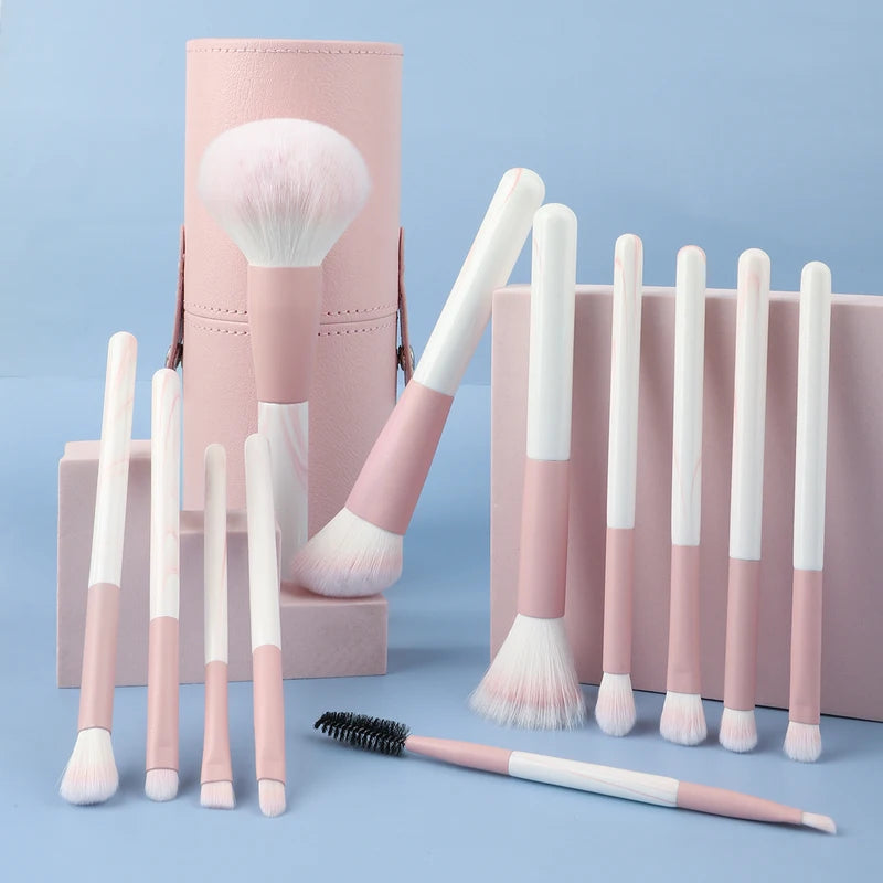 12-Piece Makeup Brush Set with Synthetic Nylon Bristles and Wooden Handles