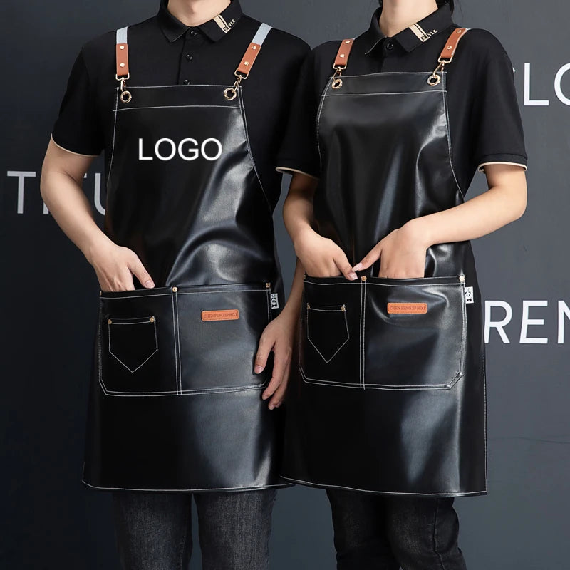 Professional Waterproof Leather Barber Apron with Pockets - Customizable Workwear for Hairdressers and Stylists