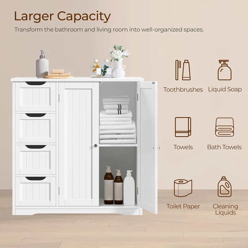 Wooden Bathroom Floor Cabinet with 4 Drawers & Double Doors, White Freestanding Storage Organizer
