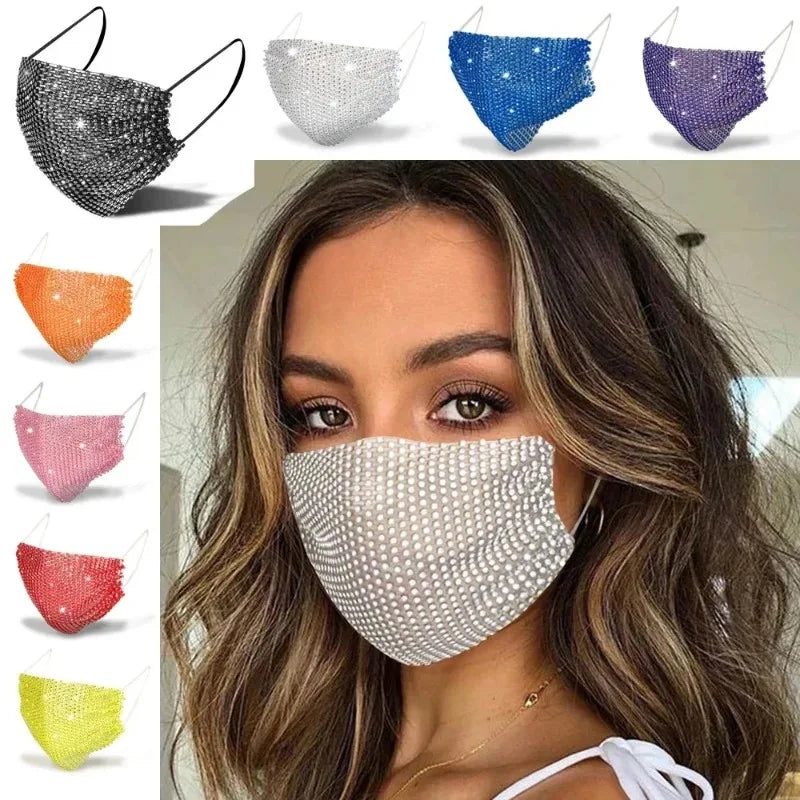 Fashion Rhinestone Face Mask with Elastic Headscarf for Party Halloween Cosplay