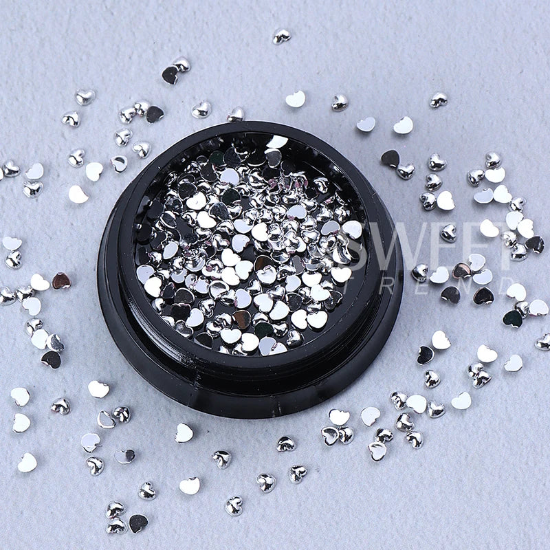 Silver Heart Nail Charms 3D Metal Flat Love Nail Art Decorations Set