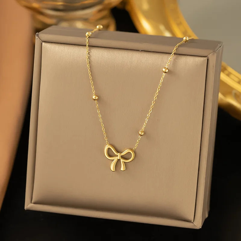 Stainless Steel Bow Charm Necklace & Jewelry Set for Women and Girls - Trendy Party Gift