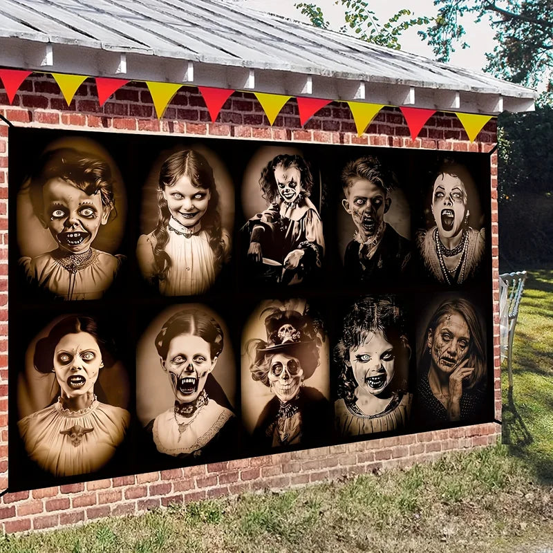 Halloween Gothic Background Cloth with Horror Portrait & Zombie Makeup Designs - Event Decoration Fabric