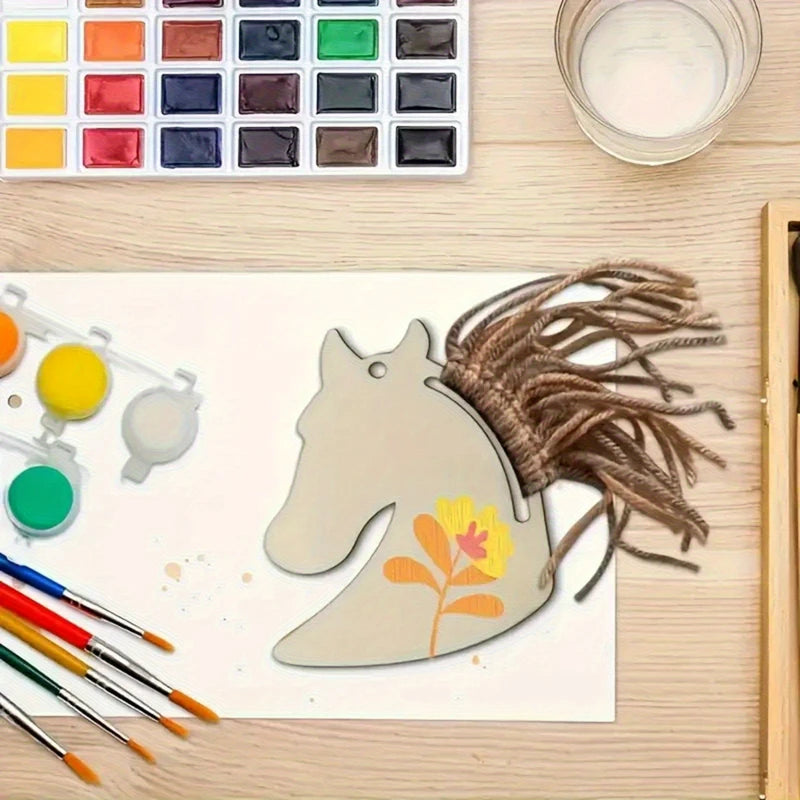 Wooden Horse-Head-Shaped Ornaments Set for Painting DIY Crafts Party Decor