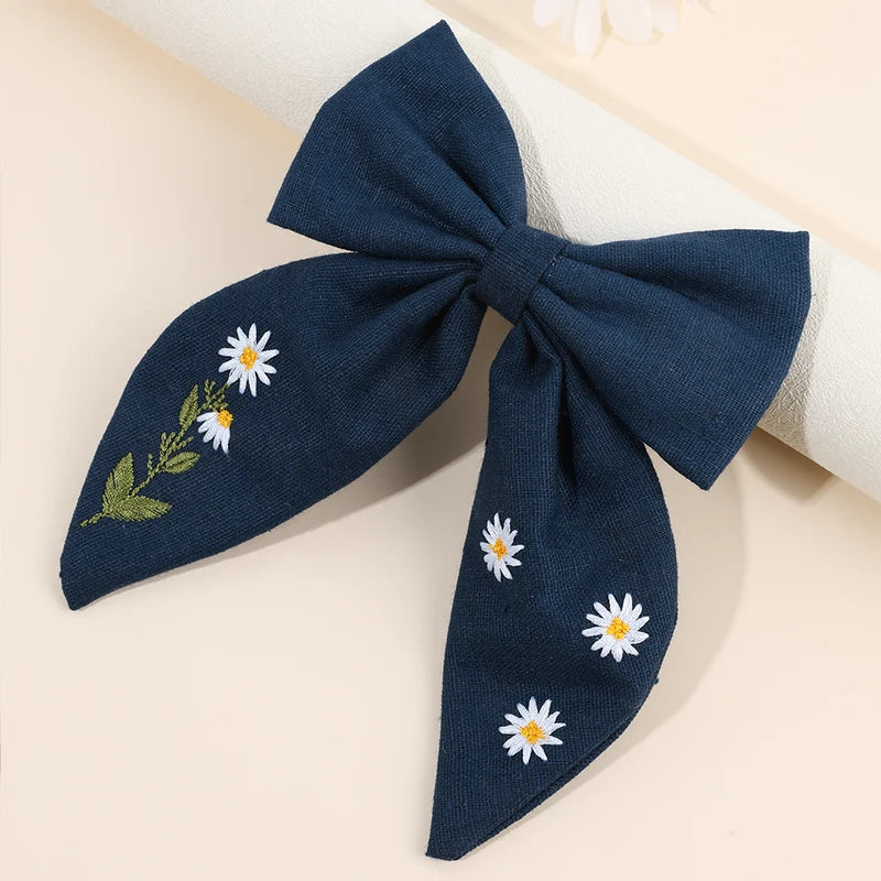 Floral Embroidered Bow Hair Clips Set for Girls and Women - Handmade Hair Accessories