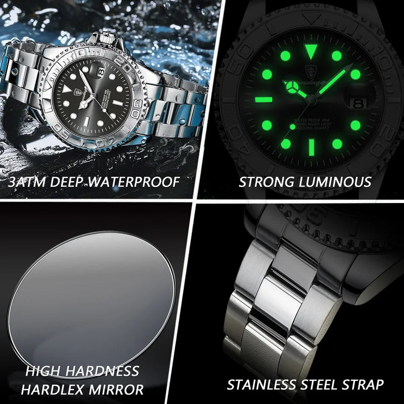 Men's Luxury Waterproof Stainless Steel Quartz Watch with Luminous Dial