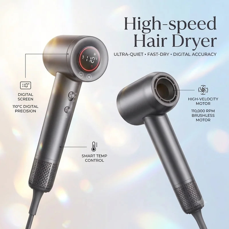 High-Speed Travel Hair Dryer 110,000 RPM Brushless Motor 5-Speed Ionic Diffuser