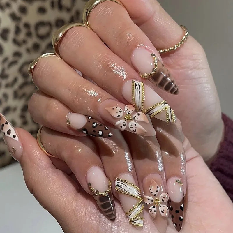 Gradient Nude & Brown Fake Nails Set with Flowers Rhinestones - Fall Winter Almond Tips, Press On Nail Art