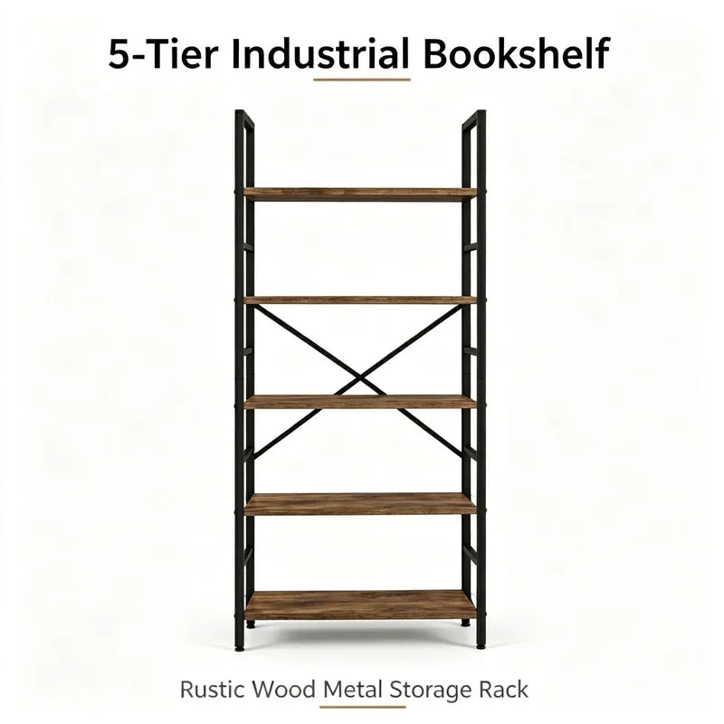 Industrial Wooden Bookcase Storage Shelf with Metal Frame - 5 & 6 Tier Freestanding Organizer