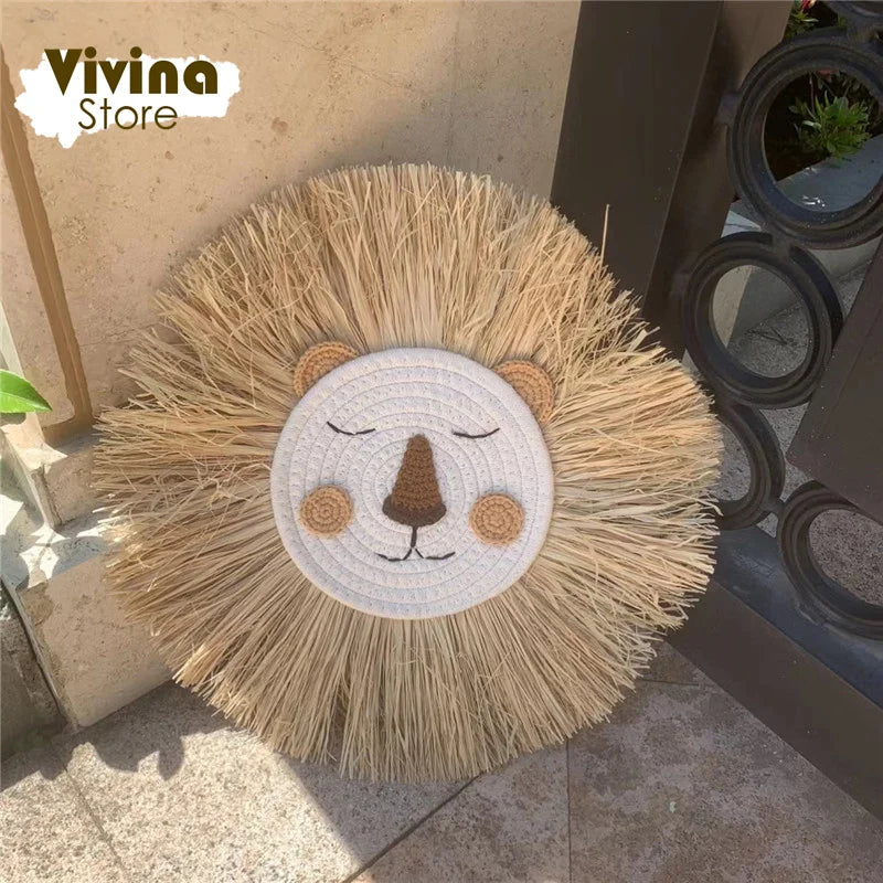 Nordic Hand Woven Lion Wall Decor Cartoon Animal Head Wall Hanging Children Room Art