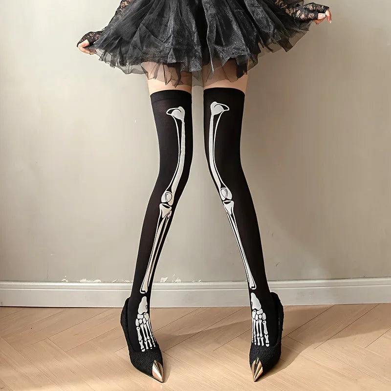 Women's Gothic Skeleton Bones Print Long Socks - Halloween Streetwear