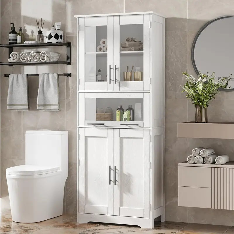 Tall Bathroom Storage Cabinet with Glass Doors and Adjustable Shelves - Freestanding Linen Closet, Kitchen Pantry or Living Room Cupboard