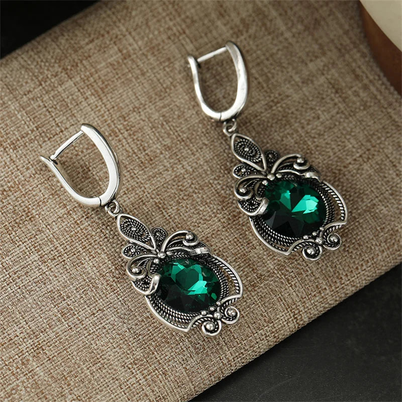 Vintage Green CZ Dangle Earrings for Women Silver Hand Carved Jewelry
