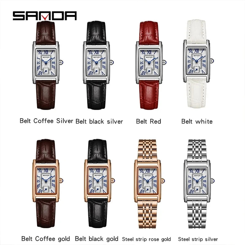 Women’s Elegant Rectangle Dial Quartz Wristwatch Waterproof Steel Leather Band