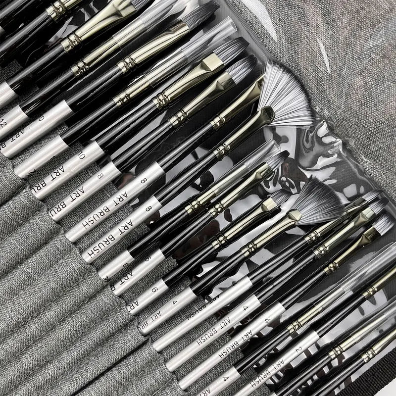 24-Piece Artist Paint Brush Set - Assorted Flat, Round, Fan & Detail Brushes with Soft Bristles
