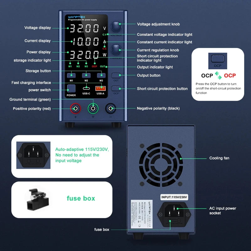Laboratory DC Power Supply 30V 10A 60V 5A 120V 3A with USB Fast Charging, Adjustable Voltage & Current